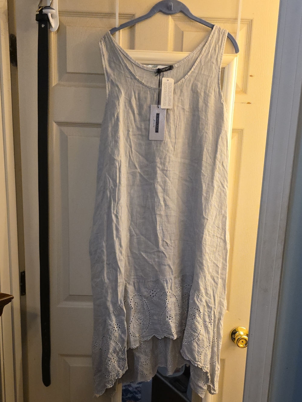 Light Blue Eyelet Hem Hi/Lo Sleeveless Linen Dress